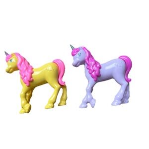 Vintage Unicorn Toy Figures Set of 2 Yellow Purple Pink Mane Glitter Horn 3 inch